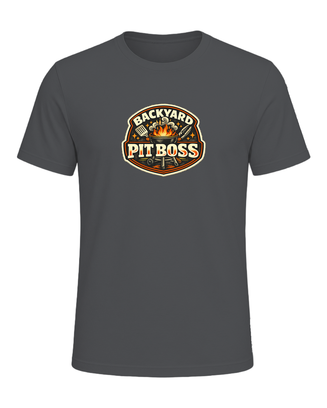 A bold retro BBQ badge tee for the backyard cook who takes charge of the grill. — Asphalt