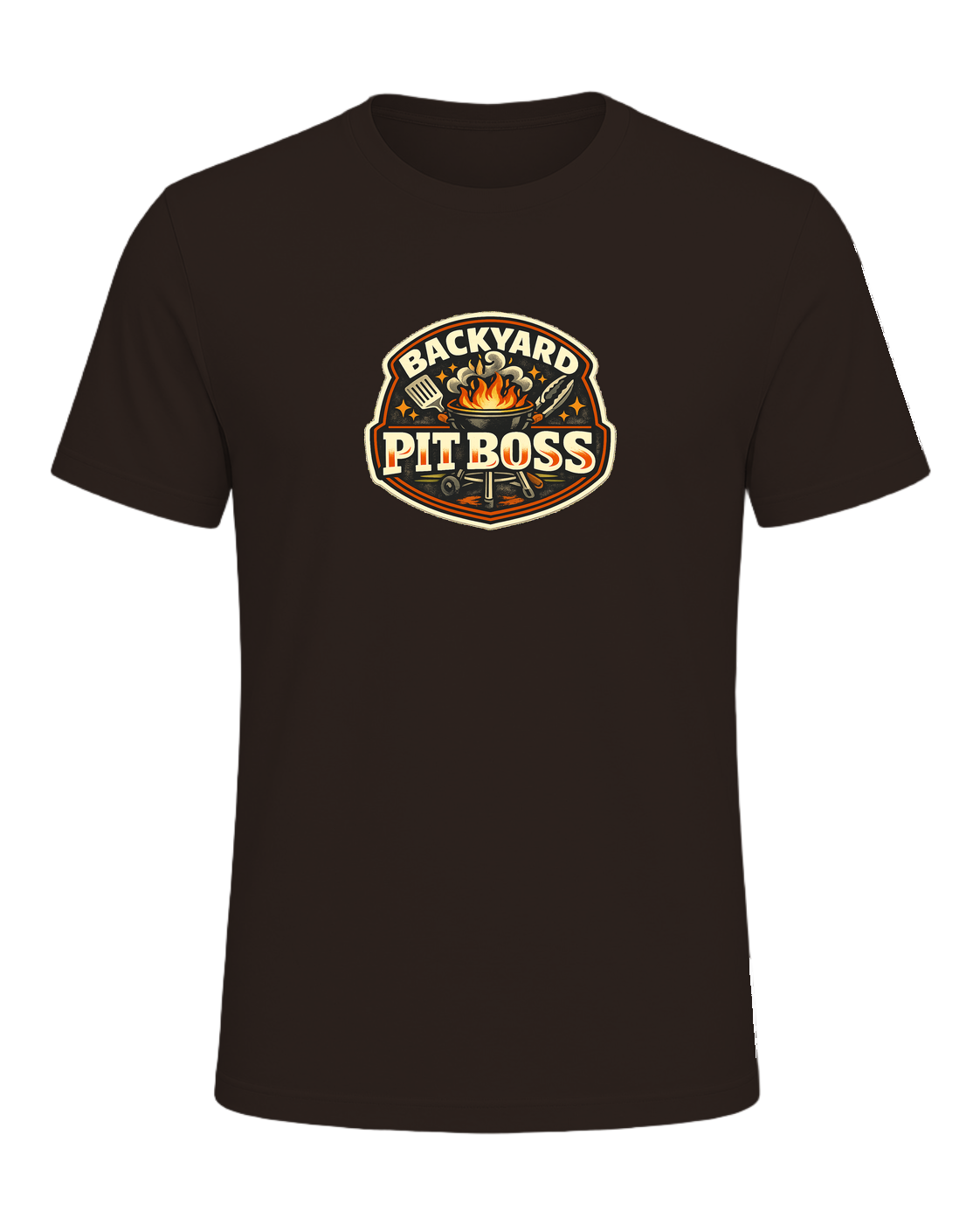 A bold retro BBQ badge tee for the backyard cook who takes charge of the grill. — Brown