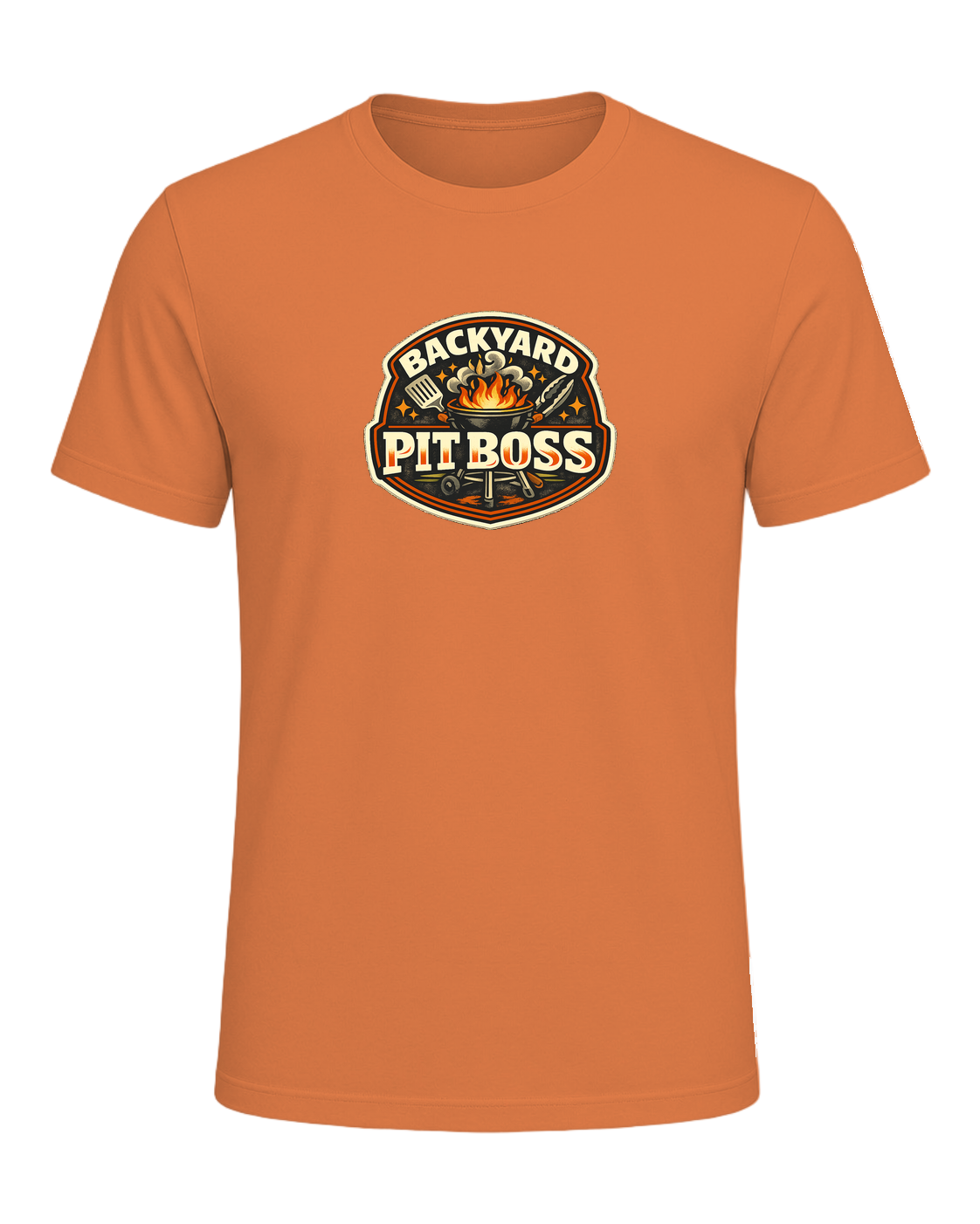 A bold retro BBQ badge tee for the backyard cook who takes charge of the grill. — Burnt Orange