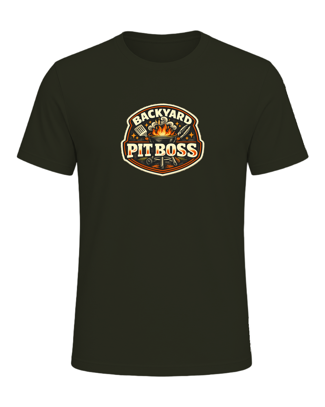A bold retro BBQ badge tee for the backyard cook who takes charge of the grill. — Dark Olive
