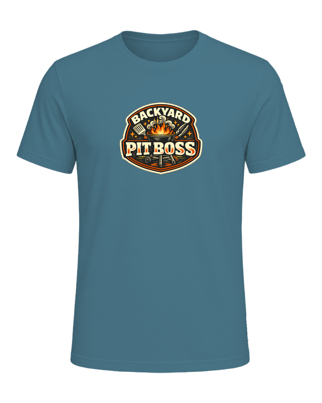 A bold retro BBQ badge tee for the backyard cook who takes charge of the grill. — Heather Deep Teal