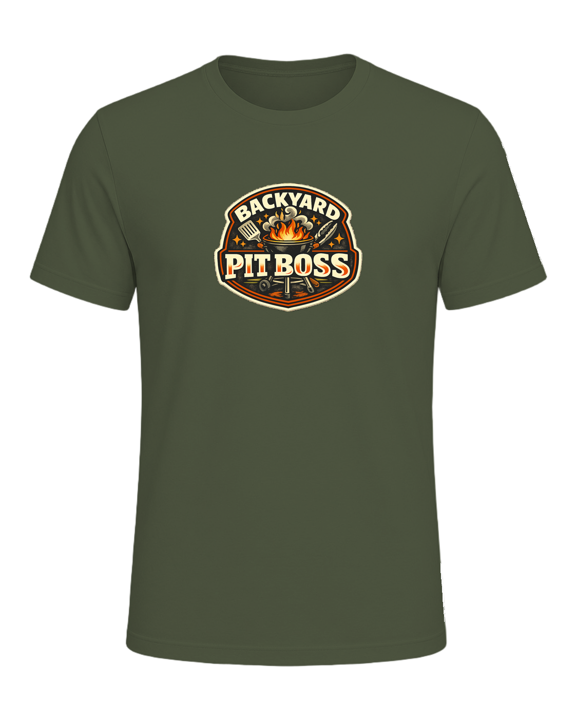 A bold retro BBQ badge tee for the backyard cook who takes charge of the grill. — Military Green