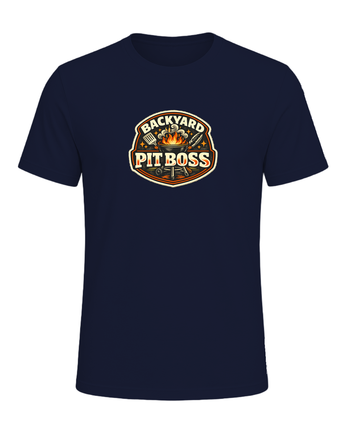 A bold retro BBQ badge tee for the backyard cook who takes charge of the grill. — Navy