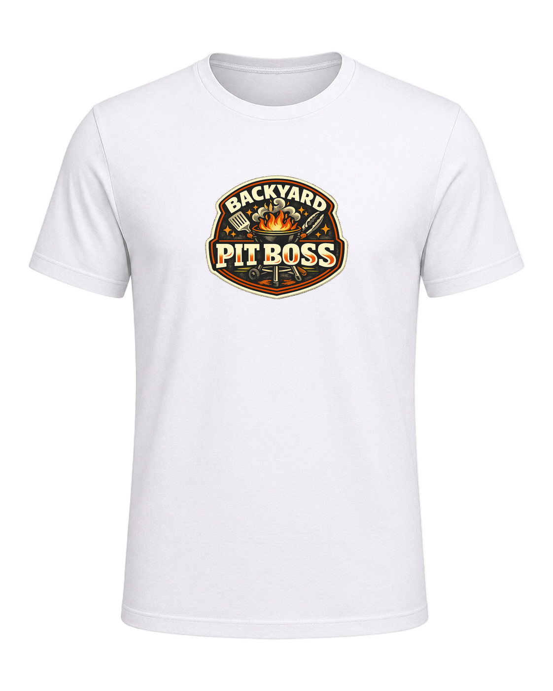 A bold retro BBQ badge tee for the backyard cook who takes charge of the grill. — White